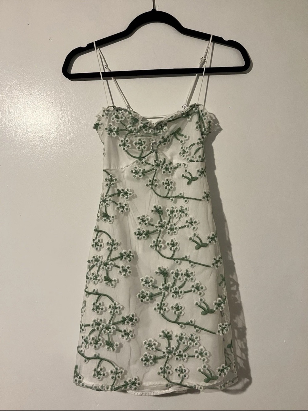 12th Tribe Floral Embroidered Mini Dress in Cream and Green - Picture 2 of 7